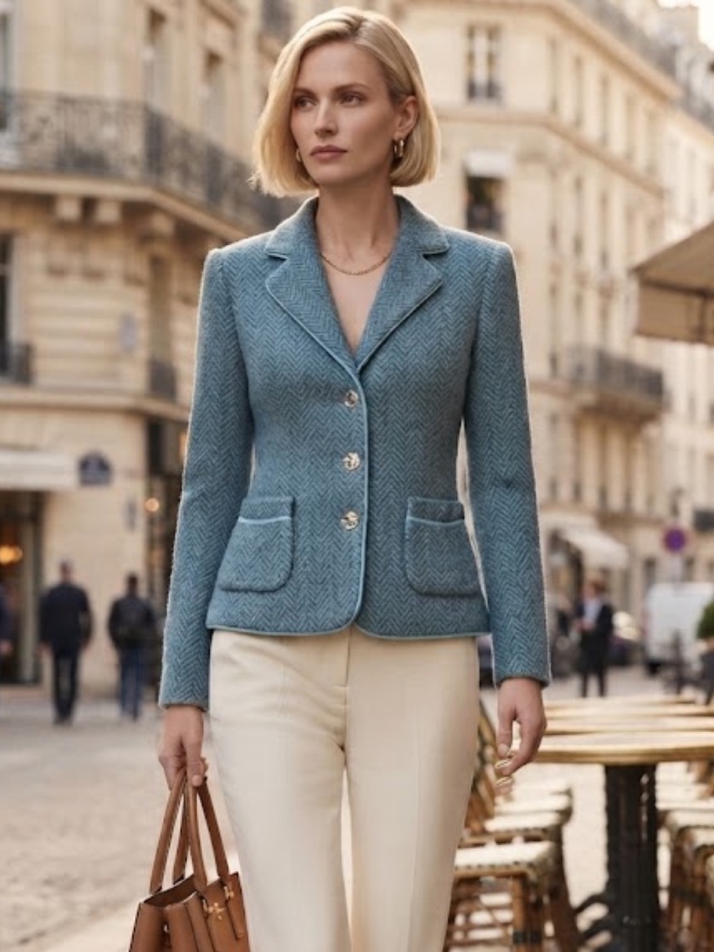 Kate Hill Blue Herringbone Tweed Blazer with Contrast Piping nwot